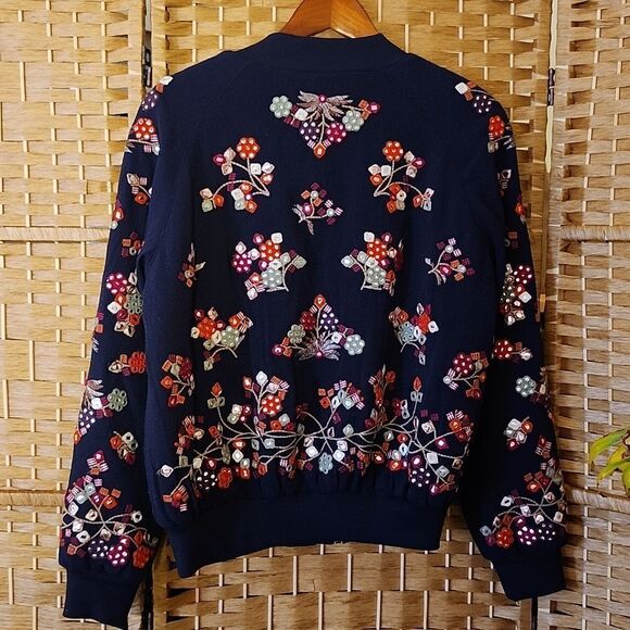 FRENCH CONNECTION Women's Embroidered Zip Mirrored Black Bomber Jacket Medium - Picture 7 of 13